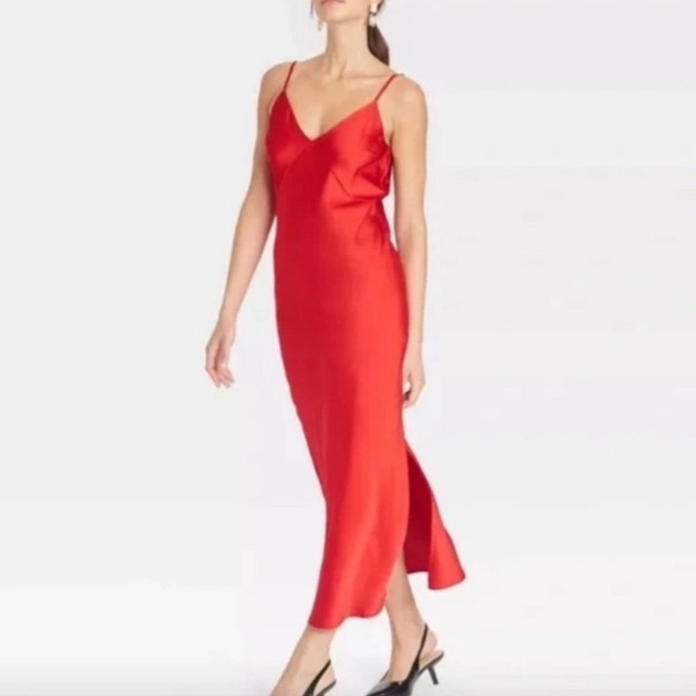 Sleek Red Satin Slip Midi Dress with Spaghetti Straps